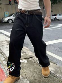 1pc Loose Fitting Colorful Letter Print Wide Leg Jeans For Men - Black - View 3