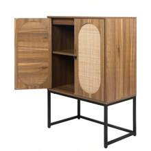 Gabinete alto de 2 puertas de ratán natural, Allen, con estante ajustable incorporado, ensamblaje fácil, gabinete independiente para sala de estar y dormitorio - Nuez - Ver 8