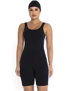 Clear Waters One Piece Swimsuit For Women Adults Swimming Sleeveless Long Leg Water Aerobics Suplex Solid Color With Lining On The Bust Swimmer Back And Stripes Wide Strap + Sports Cap Fitness Fashion Beach Pool For Women - 黑色 - 查看 3