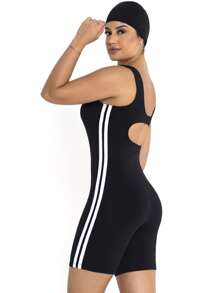 Clear Waters One Piece Swimsuit For Women Adults Swimming Sleeveless Long Leg Water Aerobics Suplex Solid Color With Lining On The Bust Swimmer Back And Stripes Wide Strap + Sports Cap Fitness Fashion Beach Pool For Women - 黑色 - 查看 1