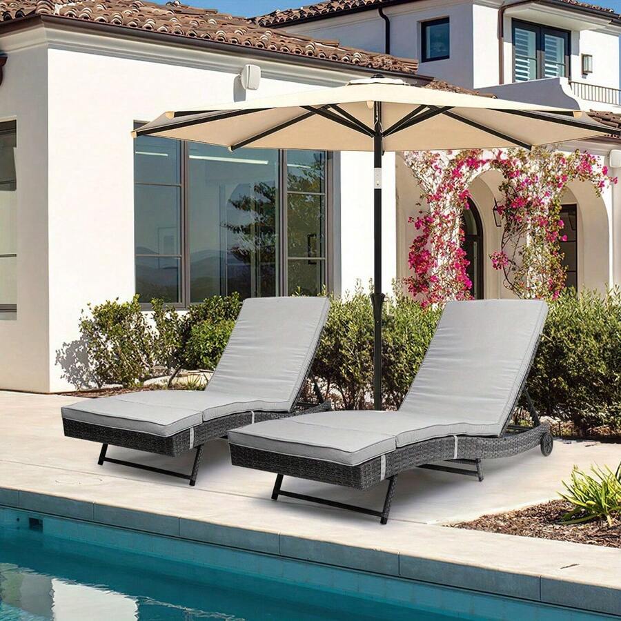 Patio Chair Wicker Chaise Lounge Outdoor Pool PE Rattan W/Backrest Cushion&Wheel - Gray - View 1