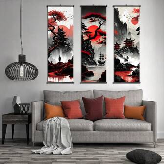 1pc Fantasy Landscape Hanging Scrolls Painting, Japanese-Style, Architecture, Tree, Canvas Posters, Art For Home Decoration, Pattern Wall Art Decor, For Living Room, Bedroom, Office, Restaurant, Bar Wall Decor, Waterproof, Print, Artwork Gifts Birthday Graduation