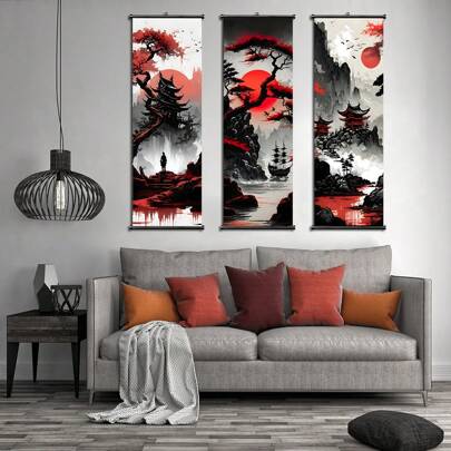1 幅梦幻风景挂轴画，日式风格，建筑，树木，帆布海报，家居装饰艺术，图案墙面艺术装饰，适用于客厅、卧室、办公室、餐厅、酒吧墙壁装饰，防水，印刷，艺术品