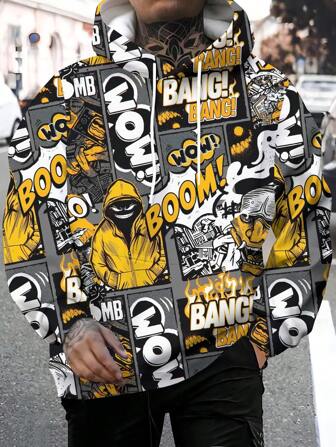 时尚动漫人物图案印花男士休闲连帽运动衫，舒适套头连帽衫，适合日常和户外穿着