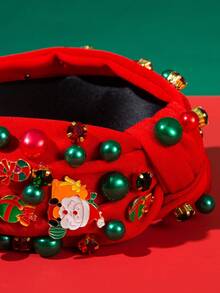 1 Băng đô vải trơn xoắn nút màu đỏ và xanh lá cây Giáng sinh, trang trí bằng ngọc trai, đá giả, ông già Noel và bùa cây thông Noel - Thích hợp cho phụ nữ và trẻ em gái đội khi đi dự tiệc Halloween và Giáng sinh, phụ kiện tóc thời trang cho ngày lễ - Đỏ - Xem 3