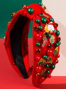 1 Băng đô vải trơn xoắn nút màu đỏ và xanh lá cây Giáng sinh, trang trí bằng ngọc trai, đá giả, ông già Noel và bùa cây thông Noel - Thích hợp cho phụ nữ và trẻ em gái đội khi đi dự tiệc Halloween và Giáng sinh, phụ kiện tóc thời trang cho ngày lễ - Đỏ - Xem 1