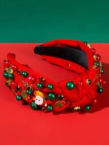 1 Băng đô vải trơn xoắn nút màu đỏ và xanh lá cây Giáng sinh, trang trí bằng ngọc trai, đá giả, ông già Noel và bùa cây thông Noel - Thích hợp cho phụ nữ và trẻ em gái đội khi đi dự tiệc Halloween và Giáng sinh, phụ kiện tóc thời trang cho ngày lễ - Đỏ - Xem 2