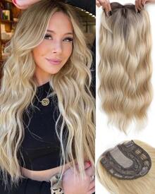 Megito Hair Toppers For Women 20inch Wavy Hair Toppers For Women Toppers Hair Pieces For Women With Thinning Hair Synthetic Wig Clip In Hair Topper Wiglets With Fringe Bang Add Hair Volume - 帶黑色發根的金色頭發 - 查看 1