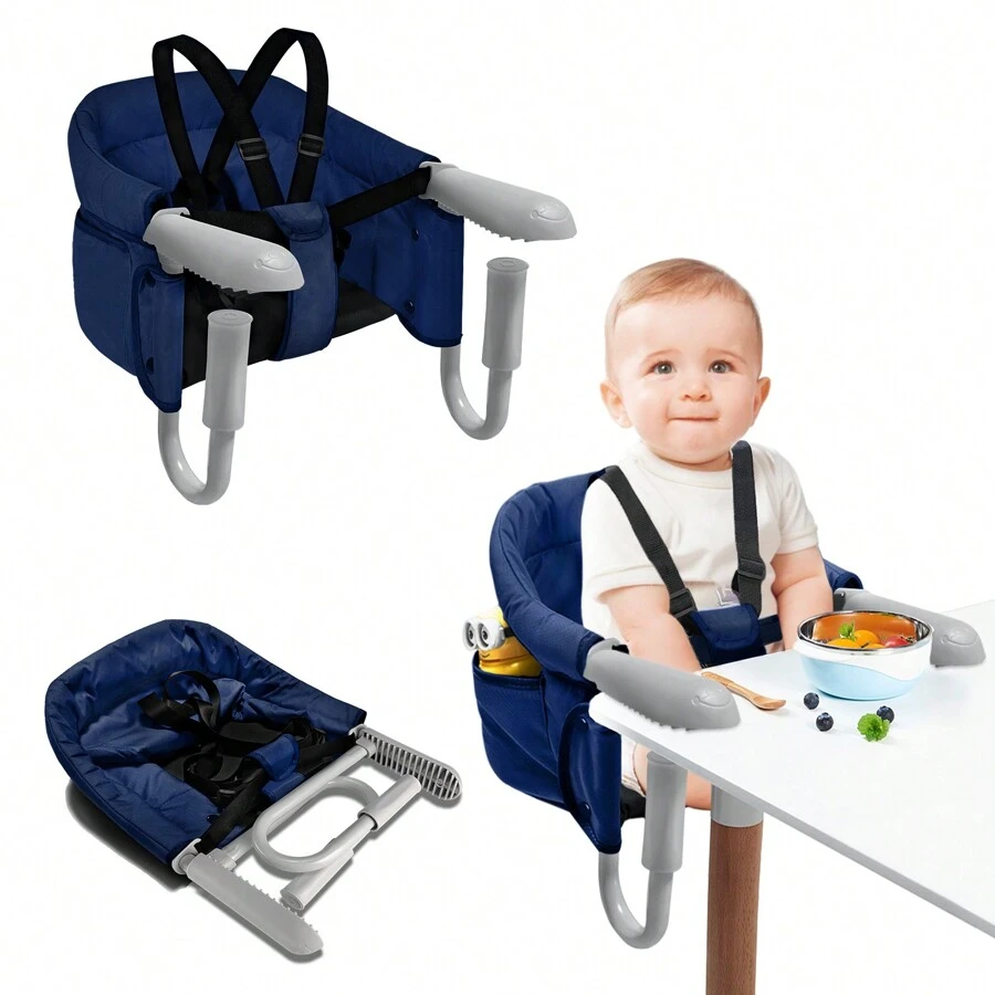 Froadp Baby Table Seat Booster Child Chair Foldable High Chair With Non-Slip Handle & Belt & Storage Bags Child High Chair For 2-8cm Thick Table - 藍色 - 查看 1