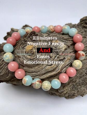 8 毫米天然石海沉积物帝王碧玉和粉红蔷薇辉石爱心串珠手链男女款冥想精神珠宝宝石手链