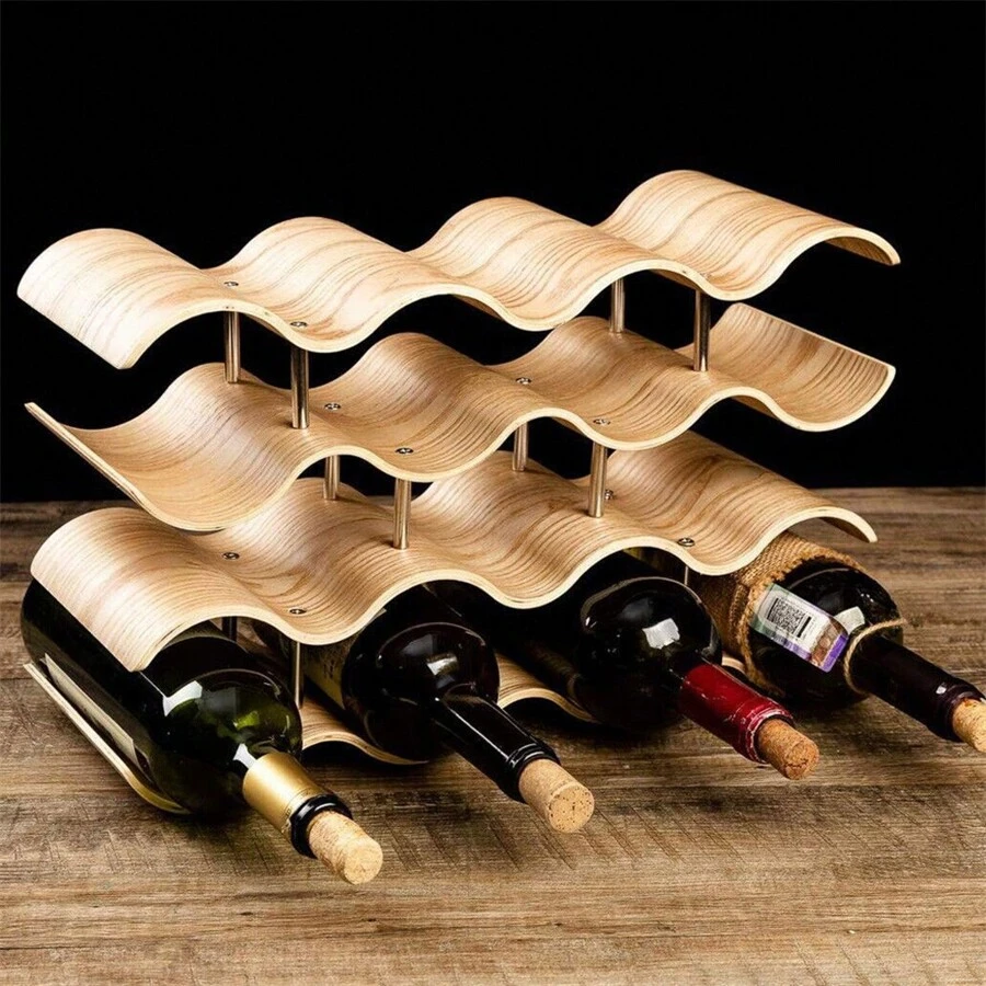 UNHO 4 Tier Wave Wine Rack Countertop Bamboo Display Shelf 14 Bottle Set Wood Art Design Organizer Perfect For Wine Storage Home Decor Natural Finish - Natural Wood - View 1