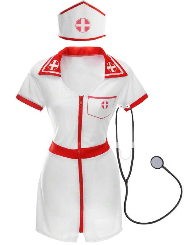 I LOVE FANCY DRESS Ladies Sexy Nurse Costume Zip Up Dress And Hat Womens Mini Dress Halloween Fancy Dress Outfit Cute Uniform Role Play Dressing Up