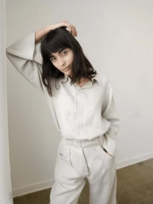 女士系扣长袖休闲宽松时尚衬衫 - 淺灰色 - 查看 2