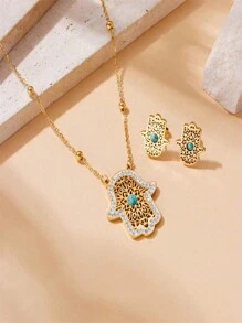طقم مجوهرات يتكون من سلسلة وأقراط بتصميم زهرة مجوفة مطلية بالذهب من الفولاذ المقاوم للصدأ والتركواز - متعدد الألوان - مشاهدة 3