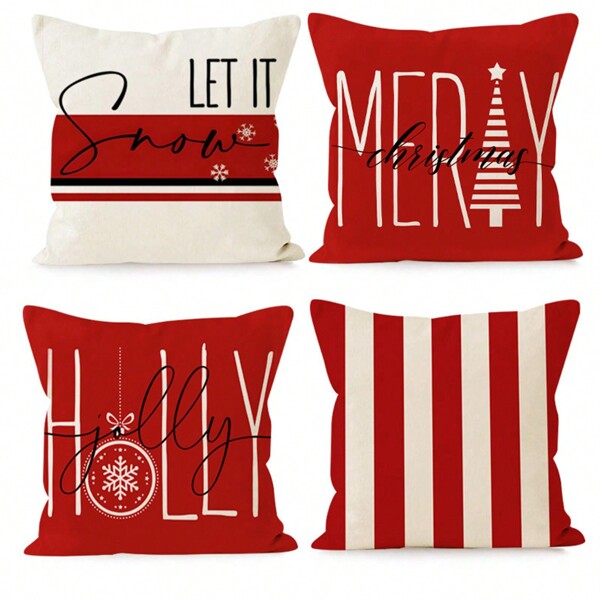 1/4pcs New Christmas Red Striped Linen Cushion Cover, Holiday Party Letter Print Sofa Pillowcase For Xmas  Christmas Decor  Christmas Decorations Christmas Decoration Home Decor Room Decor