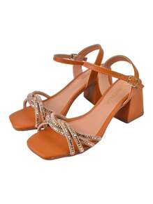 Monte Shoes Donatella Shoes Women's High Heel Sandals With Shiny Rhinestones, Square Toe, Party - 駝色 - 查看 2