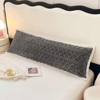 1pc Thick Plush Pillowcase, Couple Long Pillow Cover (No Core), Soft Velvety Texture, Skin-Friendly, 3D Laser Cut Pattern, Elegant Design, Snug Fit, Washable, White Trim, Minimalist, 4 Macaron Colors