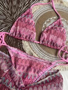 Bikinx Women's Wavy Pattern Backless Sexy Bikini Set With Cover-Up Skirt, Suitable For Summer Beach Vacation