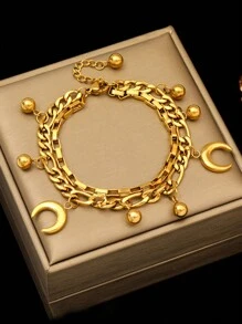 1pc Double-Layer Gold Ball & Moon Pendant Stainless Steel Bracelet For Women, Suitable For Daily Wear - Golden - View 7