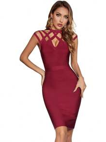 Women's Hollow Out Bandage Party Dress Sleeveless High Neck Bodycon Dresses Club - Màu Đỏ Sâu - Xem 5