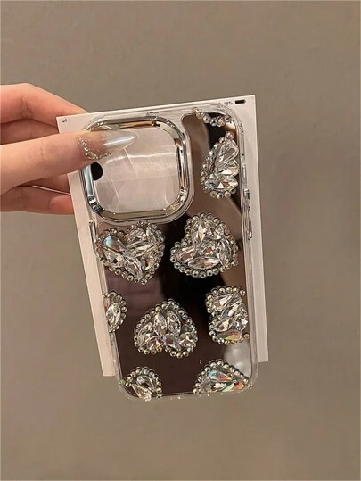 เคสโทรศัพท์หัวใจพลอยเทียมสีเงินกระจก 1 ชิ้น เข้ากันได้กับ iPhone 17 Pro Max/17 Pro/17, 16 Pro Max/16 Pro/16/15 Pro Max/15 Pro/15, New 14 Pro Max/13 Pro/13/12/11
