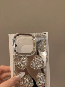 Valentines Novelty Wavy Phone Case Y2K Mirrored Silver Rhinestone Heart Shape Protective Phone Case Compatible With Iphone 14 Pro Max/14 Pro/14, IPhone 15 Pro Max/15 Pro/15, IPhone 16 Pro Max/16 Pro/16, IPhone 13 Pro Max/13 Pro/13, IPhone 12/11