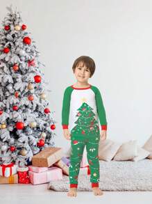 2pcs/Set Young Boy Christmas Family Matching Snug Fit Pajamas, Christmas Tree Print Long Sleeve Top And Pants, Cozy Holiday Loungewear Set - Green - View 1