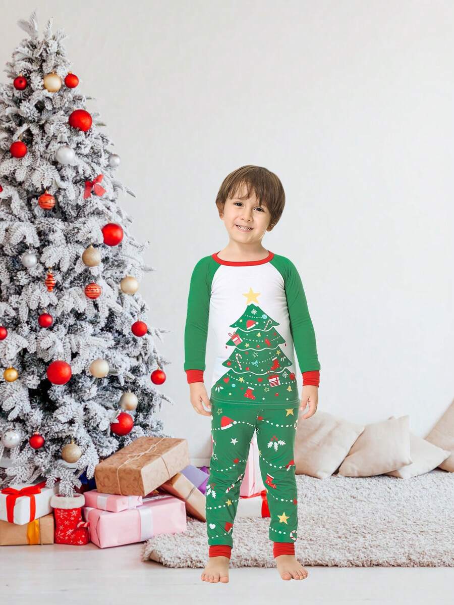 2pcs/Set Young Boy Christmas Family Matching Snug Fit Pajamas, Christmas Tree Print Long Sleeve Top And Pants, Cozy Holiday Loungewear Set - Green - View 1
