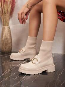 Beige Platform Boots With Gold Links – Chic Style And Modern Comfort - Beige - View 1