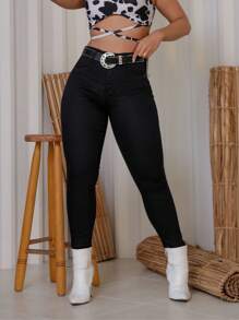 Women's Black Plain Basic Premium Butt Lifting Jeans Does Not Fade - 黑色 - 查看 3