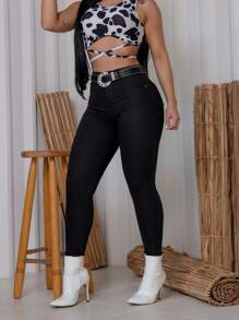 Women's Black Plain Basic Premium Butt Lifting Jeans Does Not Fade - 黑色 - 查看 2