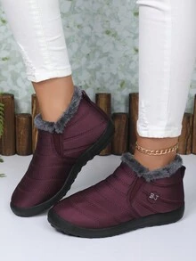 2025秋冬新款黑色及踝雪地靴，男女通用保暖毛绒袖口一脚蹬短靴，轻便柔软舒适防滑休闲靴，爸爸妈妈穿大码，请订购大一码 - 酒紅色 - 查看 5
