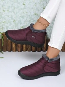 2025秋冬新款黑色及踝雪地靴，男女通用保暖毛绒袖口一脚蹬短靴，轻便柔软舒适防滑休闲靴，爸爸妈妈穿大码，请订购大一码 - 酒紅色 - 查看 1