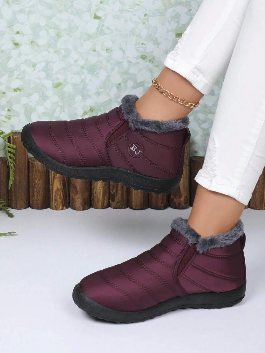 2025秋冬新款黑色及踝雪地靴，男女通用保暖毛绒袖口一脚蹬短靴，轻便柔软舒适防滑休闲靴，爸爸妈妈穿大码，请订购大一码 - 酒紅色 - 查看 1