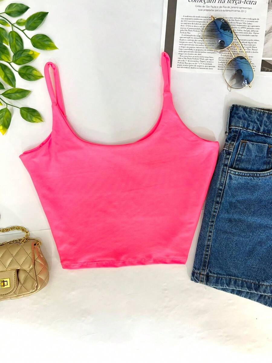 Basic Cropped Thin Strap Women's Top - Hồng - Xem 1