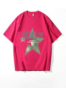 Sobretamaño blusa de manga corta camiseta estampada de estrella de cinco puntas Sub - manga de cinco puntos - Rosa Fucsia - Ver 1
