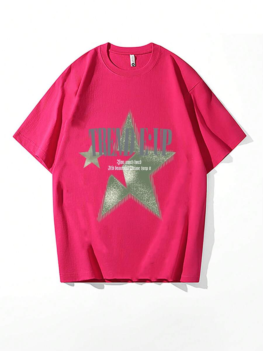 Sobretamaño blusa de manga corta camiseta estampada de estrella de cinco puntas Sub - manga de cinco puntos - Rosa Fucsia - Ver 1