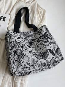 1pc Floral Print Canvas Tote Bag, Shoulder Bag, Lightweight Crossbody Bag, Convenient Storage Bag, Commuter Bag For Women, Large Capacity Handbag, Multi-Function Embroidered Flower Shoulder Bag, Portable Storage Bag - Multicolor - View 13