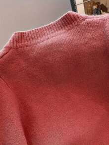 Elegant Casual Loose Knitted Cardigan With Puff Sleeves For Women, Spring Autumn - Hot Pink - View 3