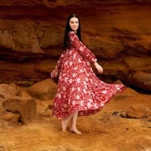 Women's Cotton Maxi Dress - Fiery Blossoms Red - Red - View 4
