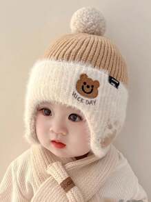 Mũ len trẻ sơ sinh có bảo vệ tai, thiết kế hình chú gấu dễ thương, trang trí tua rua, không vành, dành cho cả nam và nữ, ấm áp cho mùa thu và đông, mặc thường ngày - Mũ dệt kim-Gấu nhỏ - Xem 1