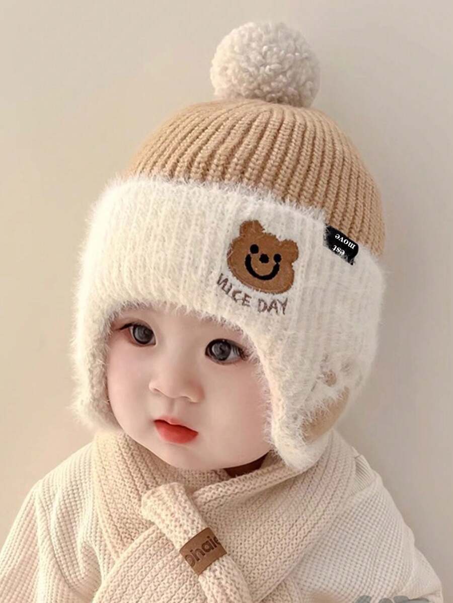 Mũ len trẻ sơ sinh có bảo vệ tai, thiết kế hình chú gấu dễ thương, trang trí tua rua, không vành, dành cho cả nam và nữ, ấm áp cho mùa thu và đông, mặc thường ngày - Mũ dệt kim-Gấu nhỏ - Xem 1