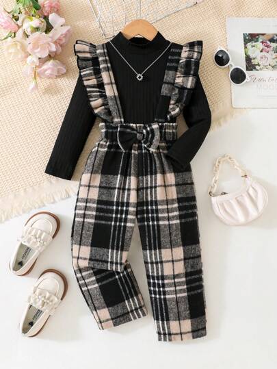 2pcs Young Girl Set: Turtleneck Ribbed Knit Long Sleeve Top And Plaid Suspender Pants