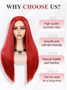 Peluca larga y recta de cabello rojo con raya al medio, peluca sintética de sirena de color para Halloween, cosplay sin encaje con apariencia natural, peluca roja para mujeres y niñas, peluca de reemplazo de cabello natural para uso diario, fiesta y disfraz de Halloween - Rojo - Ver 4