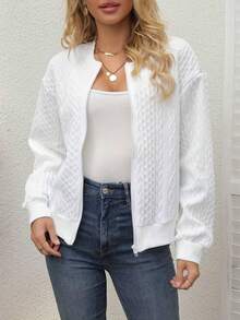 女士纯色落肩长袖拉链棒球夹克，适合春秋季休闲穿着，白色 - 白色 - 查看 4