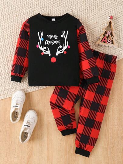 Set di 2 pezzi composto da Maglietta a maniche lunghe con stampa di cervi e pantaloni casual per bambini maschi, adatto per il Natale