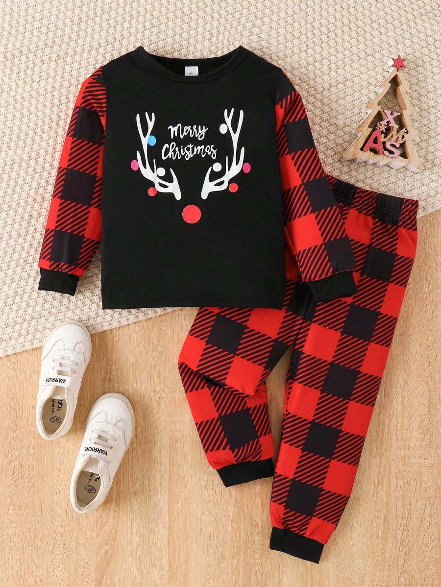 2 sztuki/zestaw dla chłopców, dzieci, świąteczny nadruk jelenia, długi rękaw, T-shirt i spodnie, swobodny strój