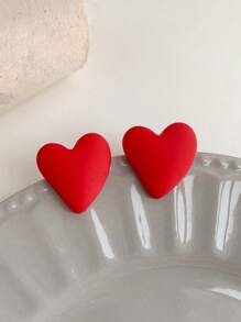 1 对时尚休闲百搭橡胶涂层心形耳钉 - 粉色 - 查看 1