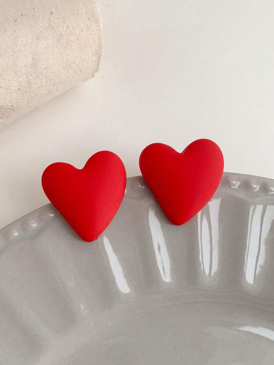 1 对时尚休闲百搭橡胶涂层心形耳钉 - 粉色 - 查看 1