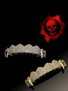 AINTTBY 1 pieza/2 piezas Dientes Grillz de cobre chapado en oro brillante estilo hip hop callejero personalizado, colmillos de vampiro para uso diario, Halloween y fiestas, unisex